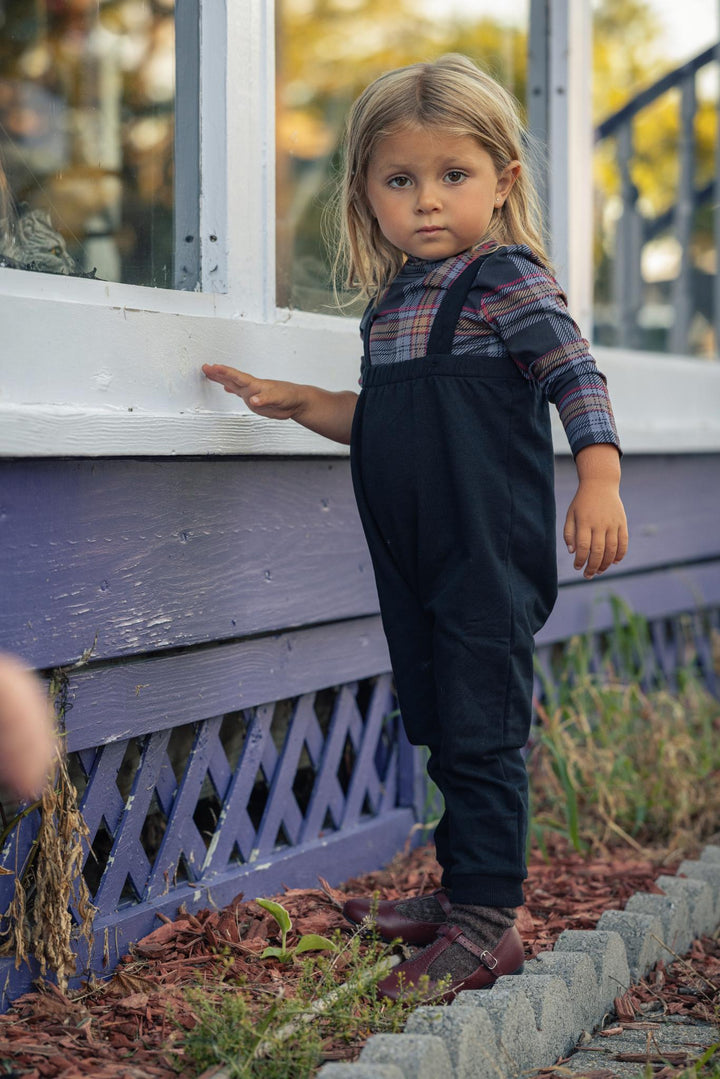 one piece plaid mockneck with overalls