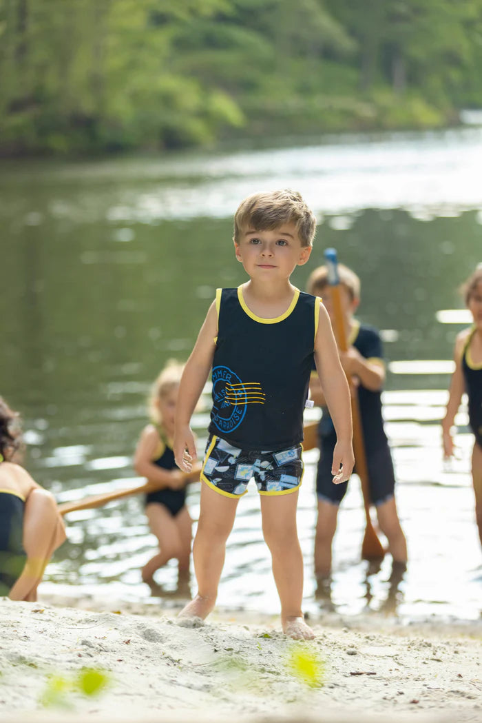 swim set postcard contrast trim tank and shorts