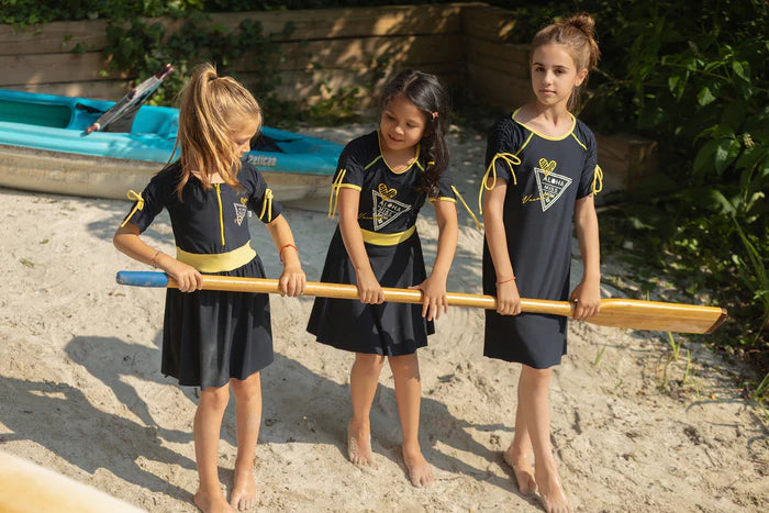 swimdress postcard color contrast half zip