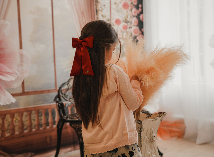 clip satin with rose embroidery bow
