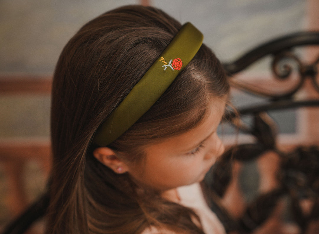 headband hard satin with rose embroidery