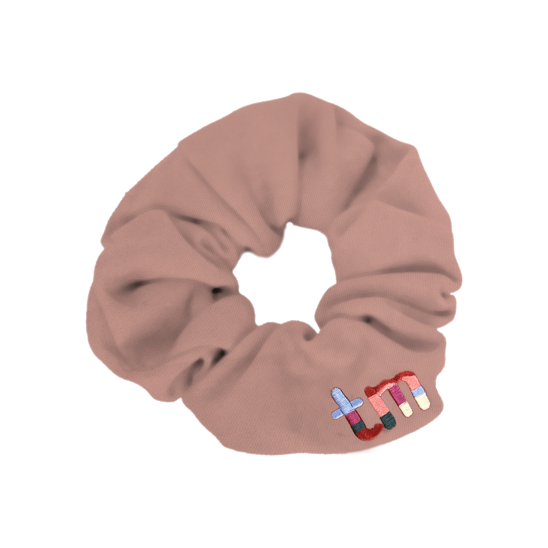 pony scrunchie denim colored embroidery logo