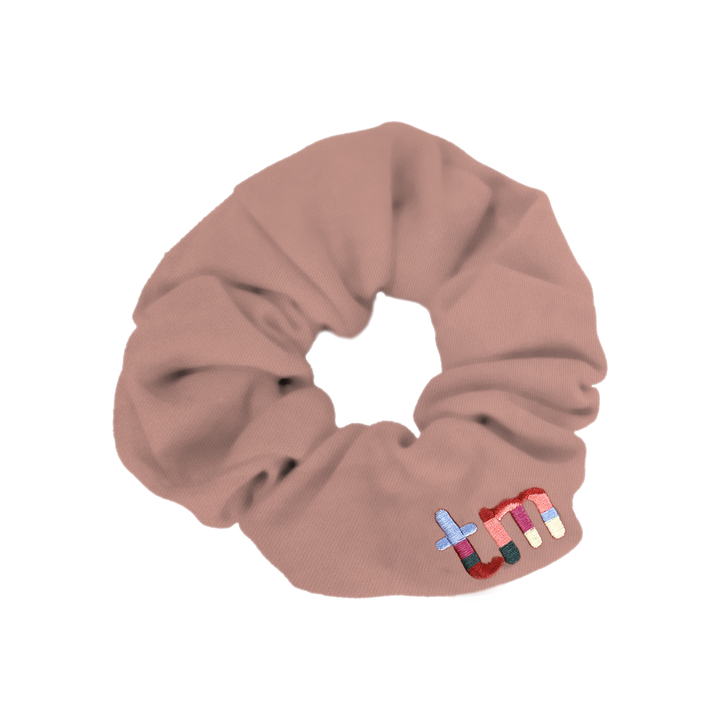 pony scrunchie denim colored embroidery logo
