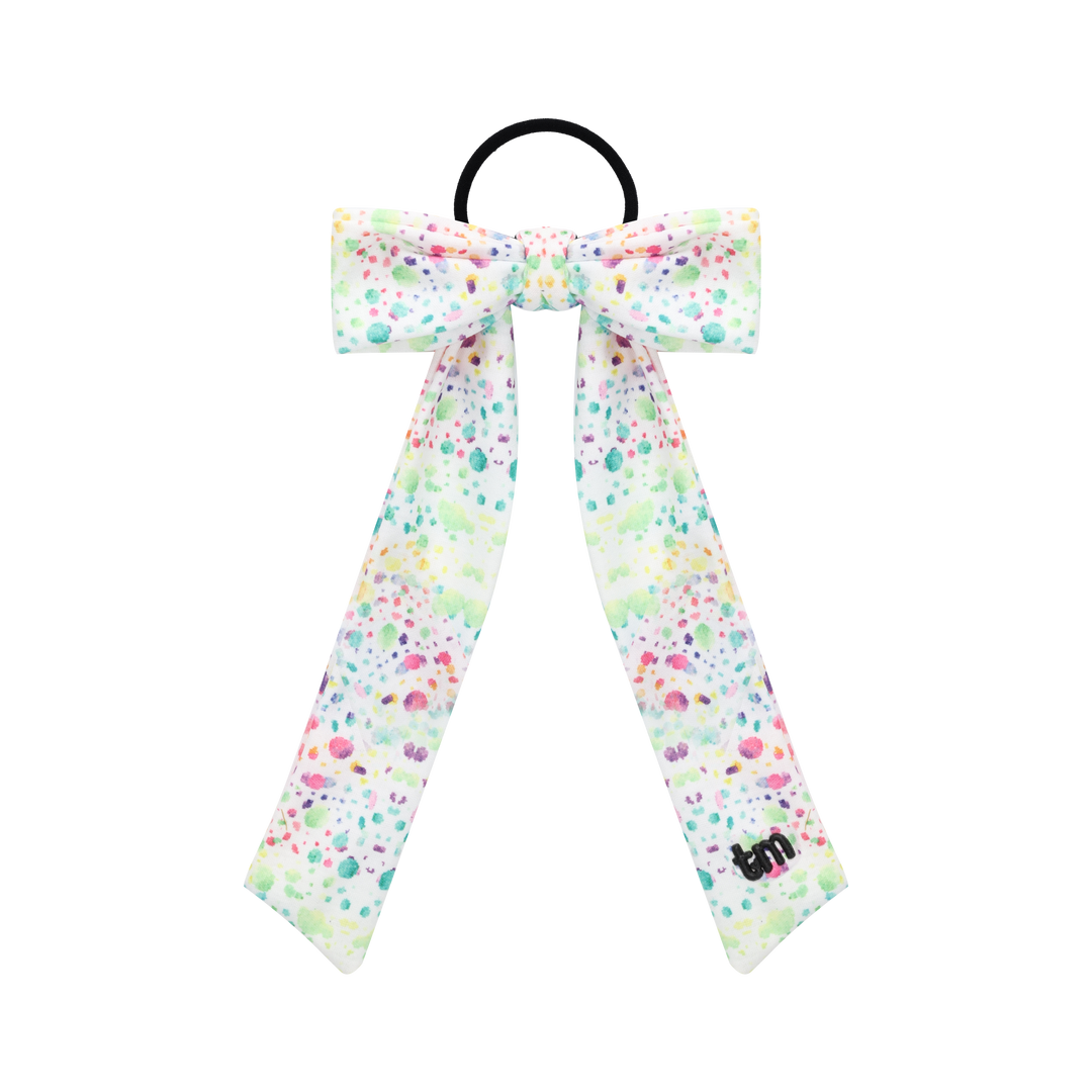 pony long tail sewn onto heart and splatter printed bow