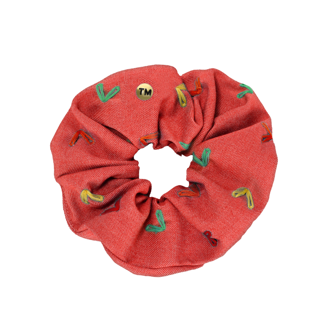 pony scrunchie denim colored hearts embroidery