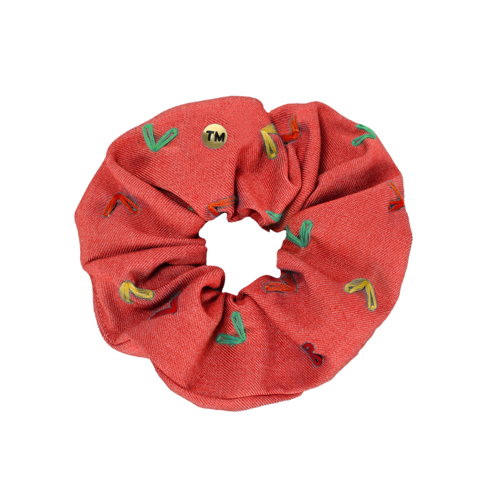 pony scrunchie denim colored hearts embroidery
