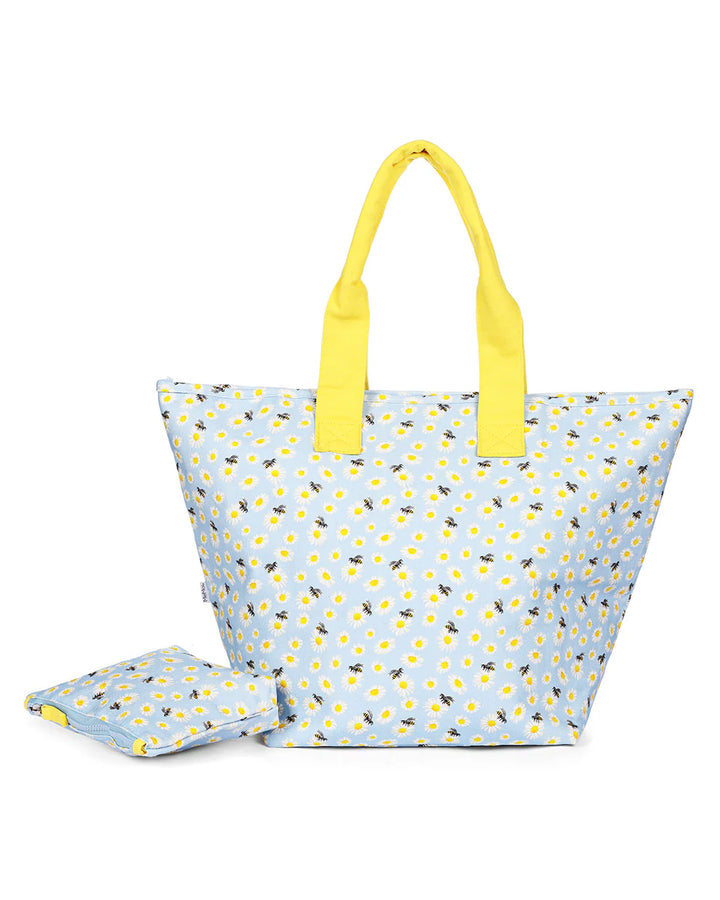 tote bag with daisy and bee makeup set