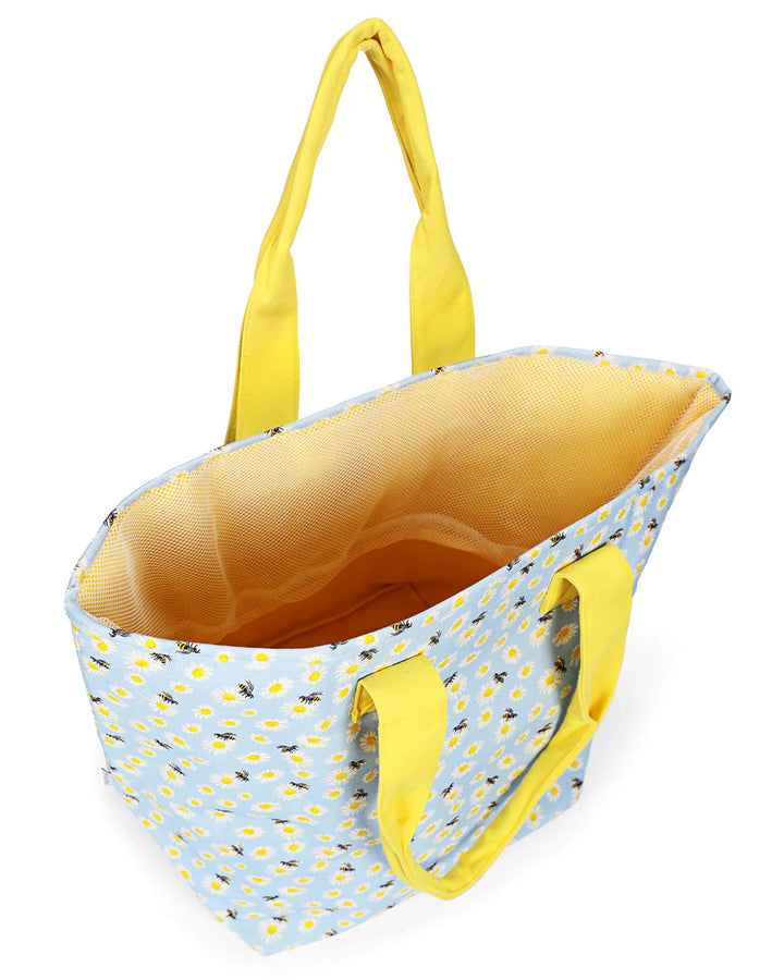 tote bag with daisy and bee makeup set