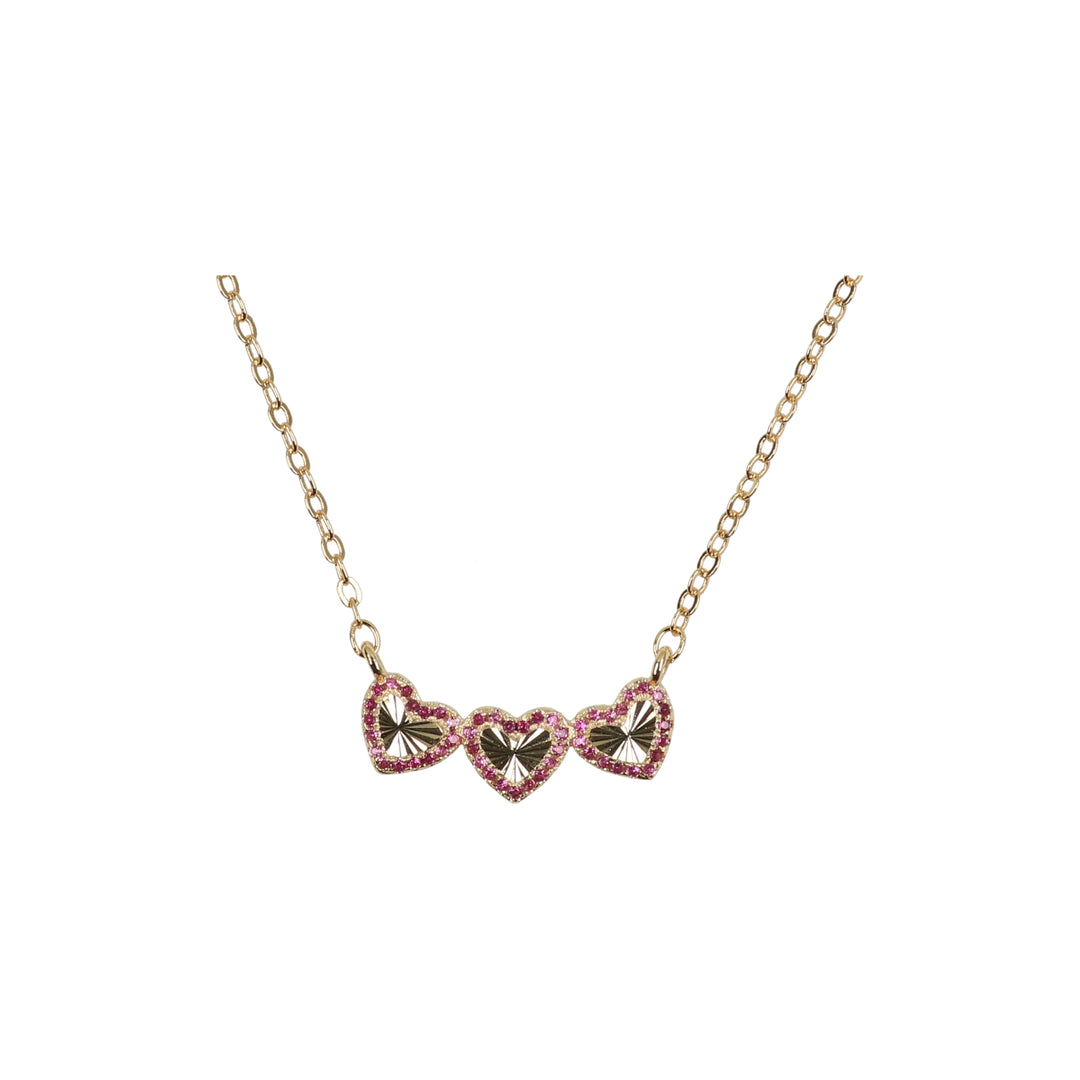 necklace cz edge ridged gold hearts trio