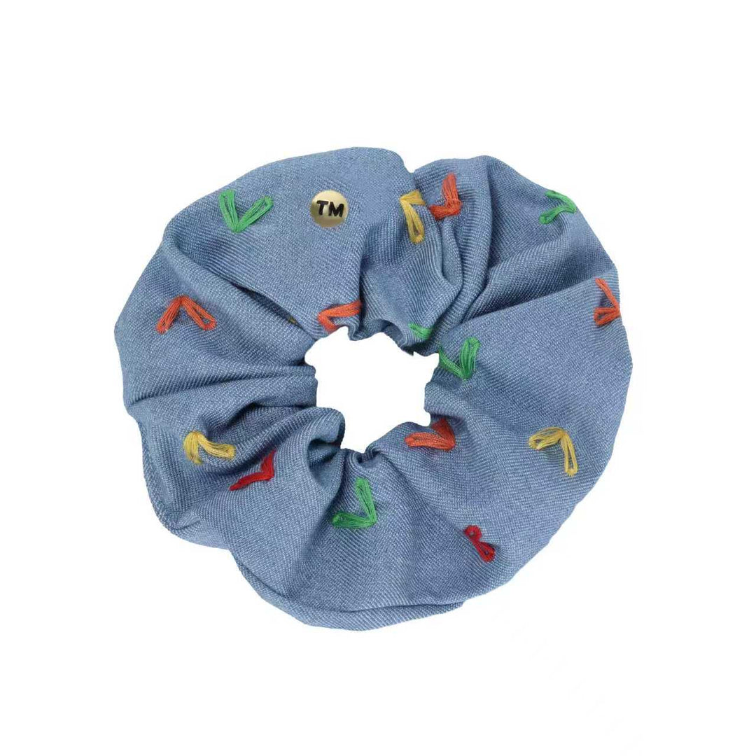 pony scrunchie denim colored hearts embroidery