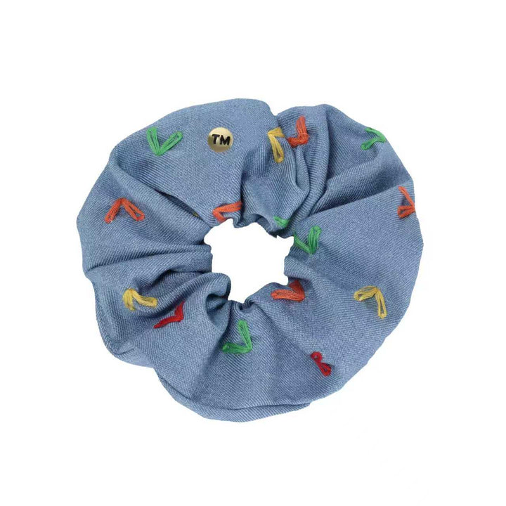 pony scrunchie denim colored hearts embroidery