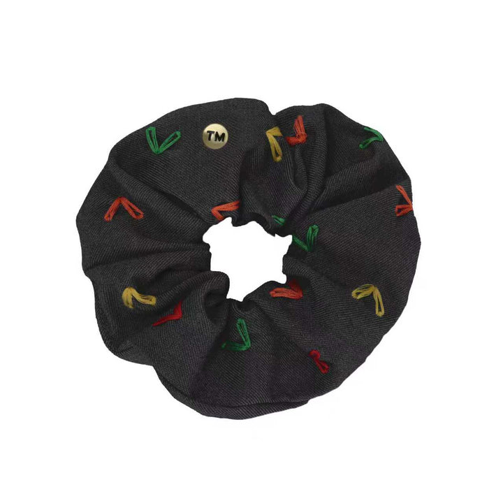 pony scrunchie denim colored hearts embroidery