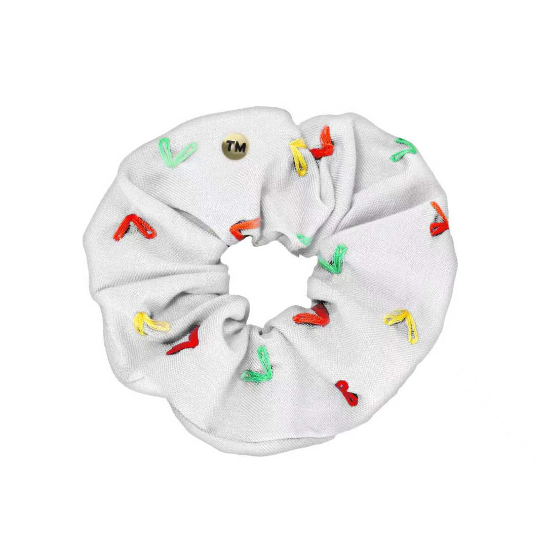 pony scrunchie denim colored hearts embroidery