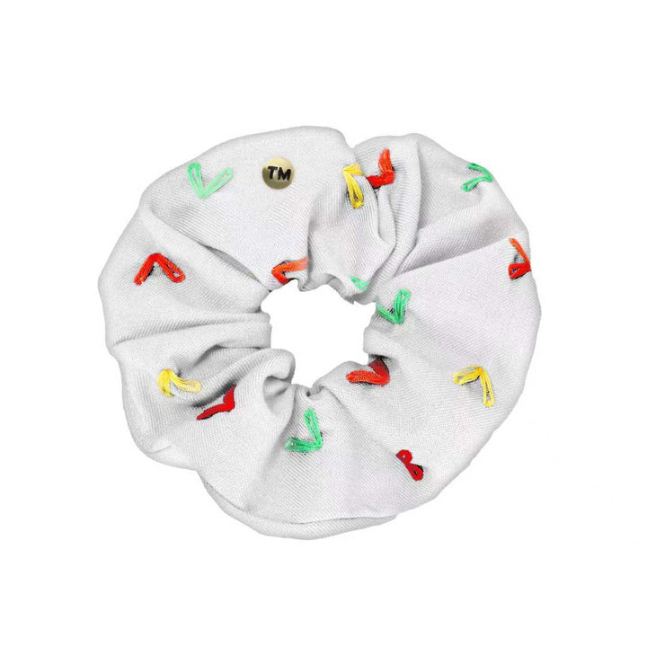 pony scrunchie denim colored hearts embroidery